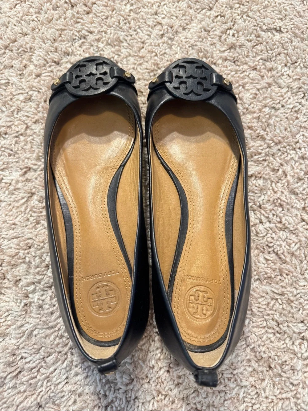 Tory Burch Black Leather Ballet Flats with Logo Medallion Size 7